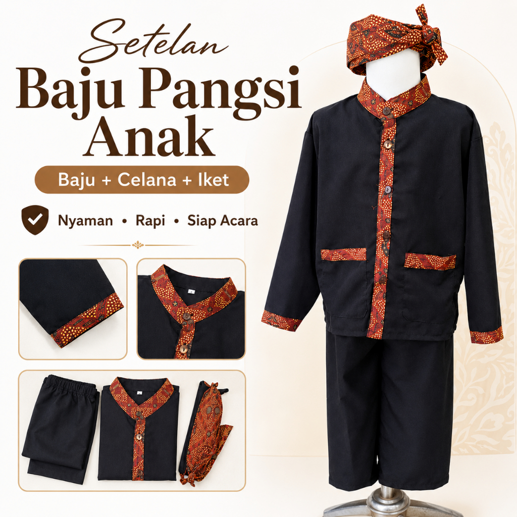 Setelan baju pangsi anak laki-laki motif batik dengan ikat kepala untuk karnaval dan sekolah