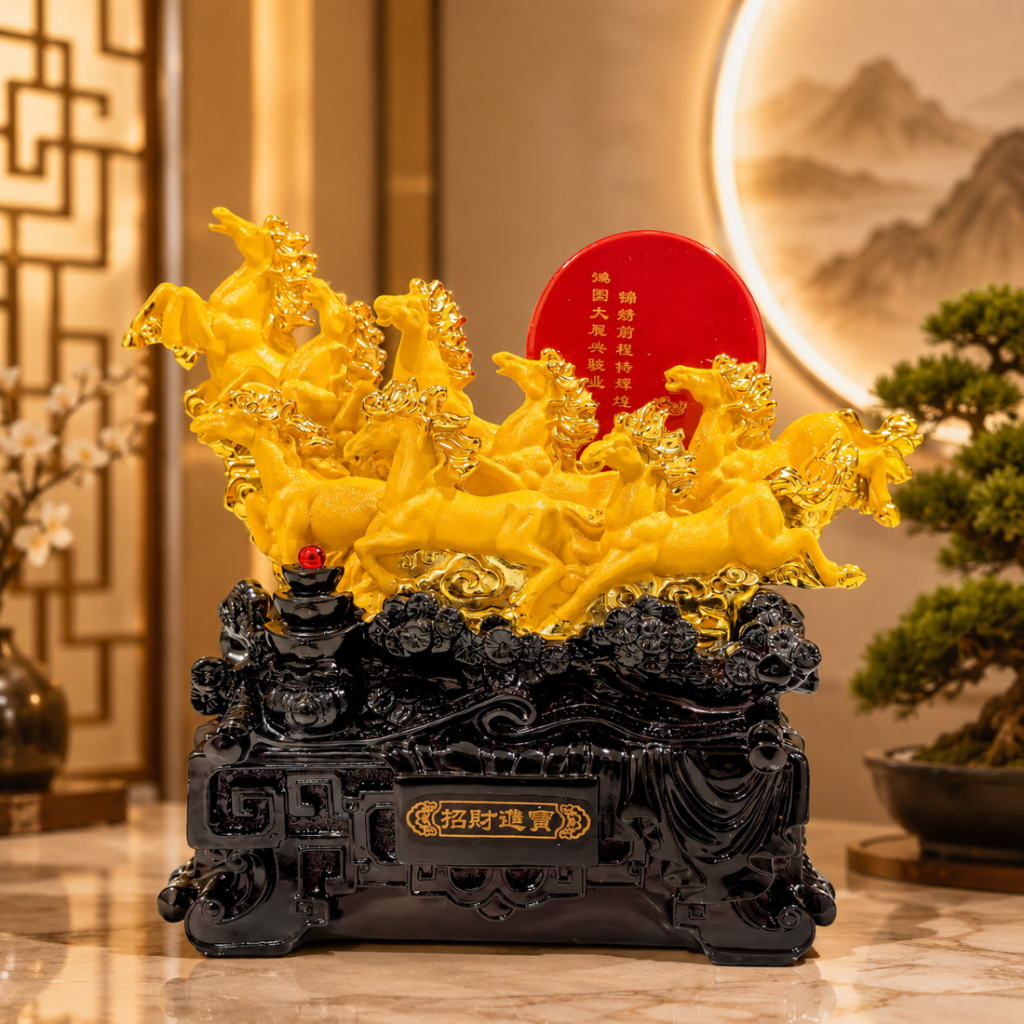 20cm Pajangan Fengshui Kuda Delapan Berlari PAJANGAN FENGSHUI 8 KUDA EMAS FENGSHUI KUDA BERLARI KB17