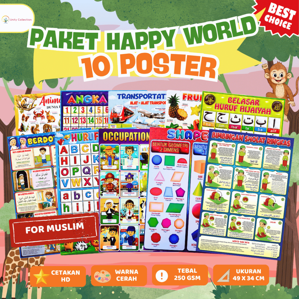 Paket 10 Poster Belajar Dinding Edukasi Anak Muslim Hijaiyah