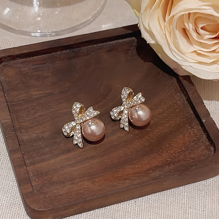 Perhiasan Twilight-Anting Hati Pita  dengan Mutiara Emas Champagne grosir [COD]