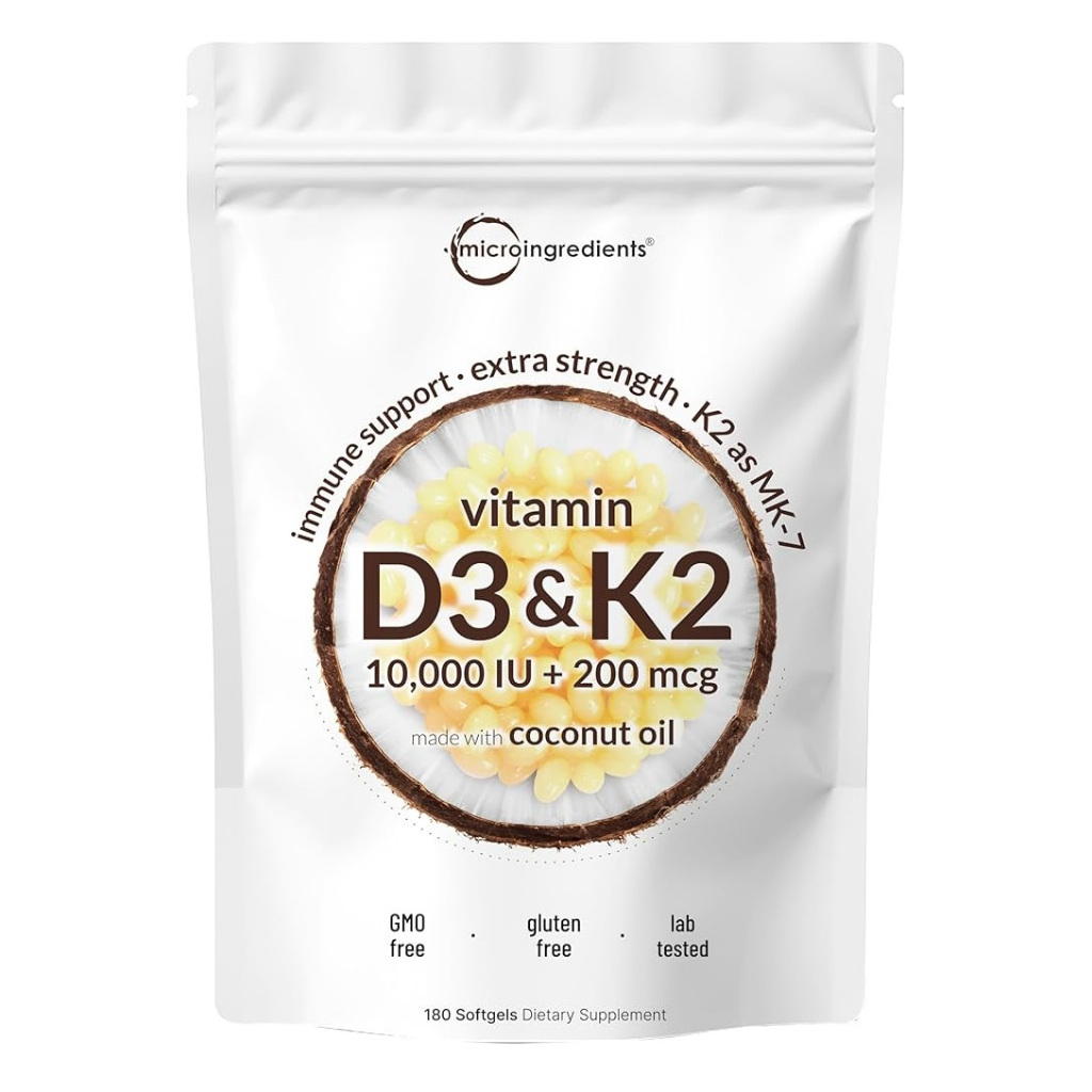 MicroIngredients Vitamin D3 10000IU K2 200mcg Micro ingredients Vit D 3 10000 IU K 2 200 mcg 180 sof