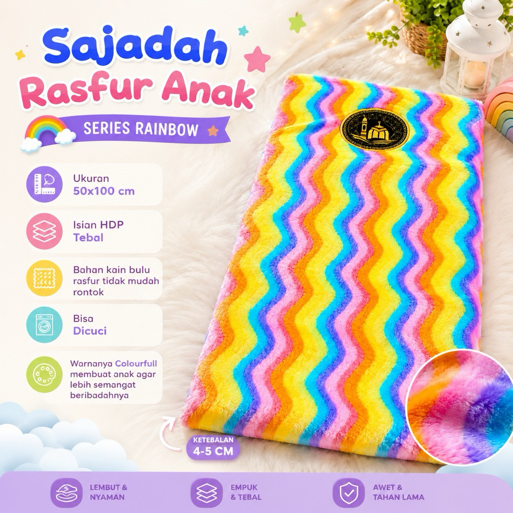 SAJADAH ANAK BULU RASFUR PREMIUM 50 X100 CM TEBAL HALUS RASFUR AMBAL SHALAT SERIES RAINBOW