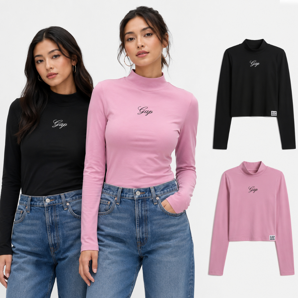 Kaos Wanita Branded GAP Original - Model Semi Crop Hitam/Pink Lengan Panjang - Premium ILS