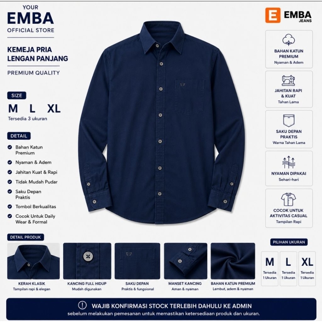 EMBA Kemeja Pria Lengan Panjang Casual Navy Bahan Katun Premium