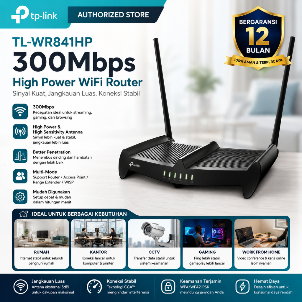 TP-Link TL-WR841HP Router WiFi 300Mbps High Power – Atasi WiFi Lemah dengan Sinyal Jarak Jauh & Cove