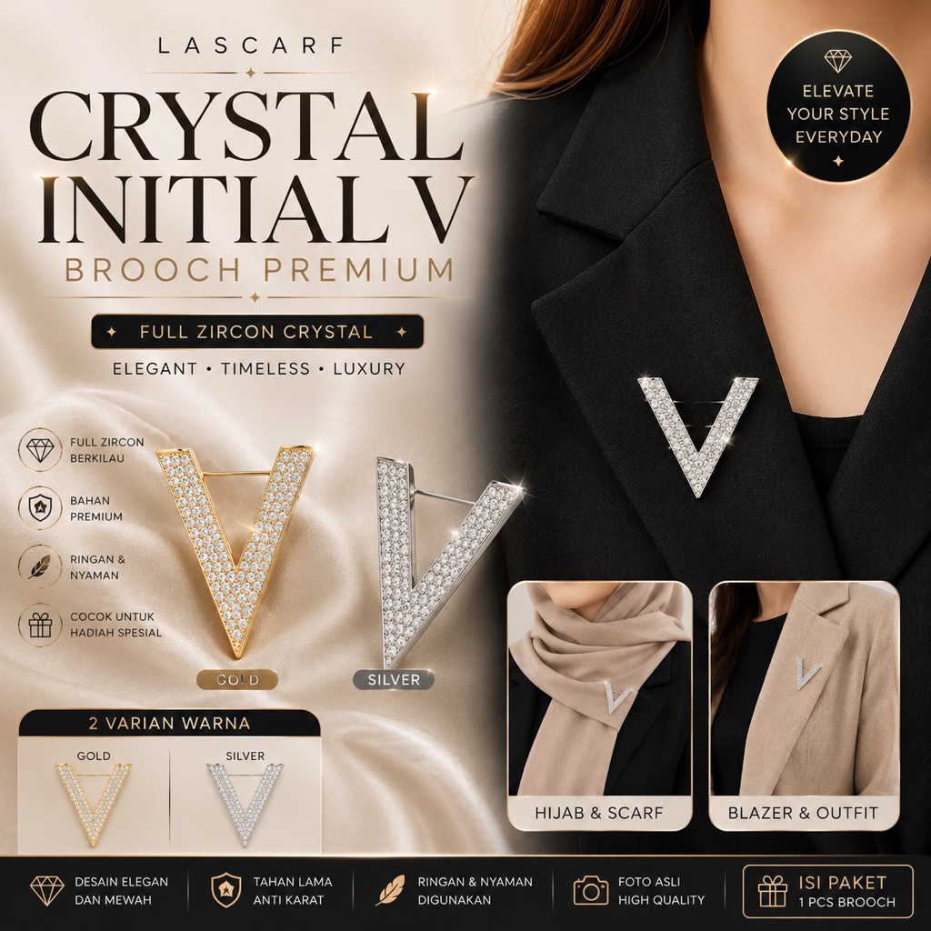 Lascarf Crystal Initial V Brooch Premium | Bros Huruf V Zircon Elegan Gold Silver | Aksesoris Hijab 