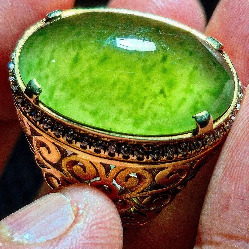 Natural batu lumut sungai dareh pupis totol gerimis ring perak dimensi 23.5x14x9