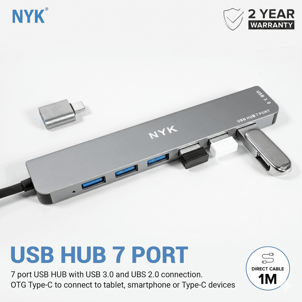 NYK V10 USB Hub Type-C ke USB 3.0 7 Port Kabel 1 Meter OTG Hub USB For iPad Laptop Mobile Phone tab 