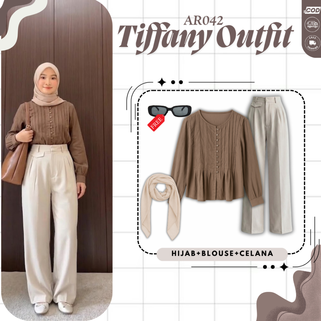 Setelan OOTD Hijab Kekinian Tiffany Blouse Motif Celana Oro & Bella Square – One Set Simpel  – AR042