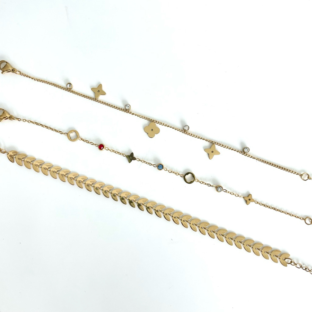 Gelang rantai cewek remaja dewasa tembaga lapis emas motif permata