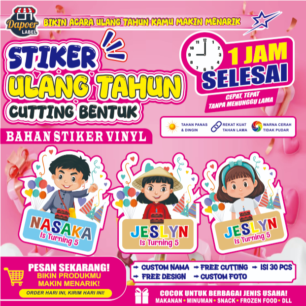 STIKER ULANG TAHUN CUSTOM KARAKTER KARTUN, FREE DESIGN