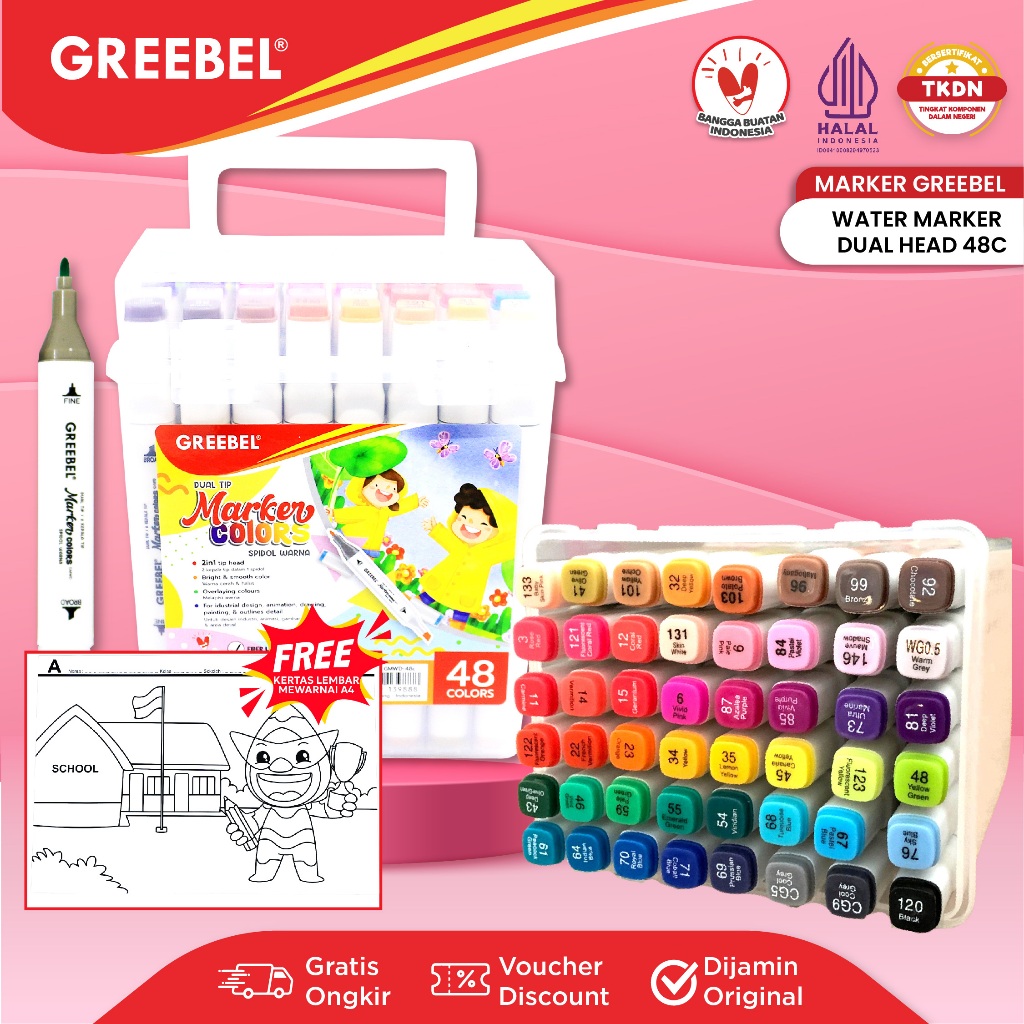GREEBEL Spidol Warna Warni 1 Set [48 WARNA] / Water Marker Dual Head / Spidol Sketch Mewarnai Mengga