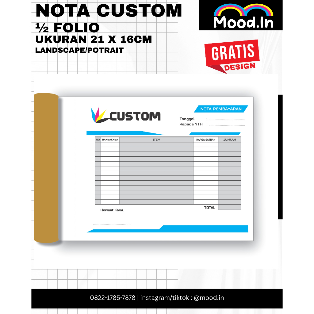 Cetak NOTA ONLINE SHOP FREE DESIGN / NOTA OLSHOP / NOTA COSTUM ukuran 1/2 folio