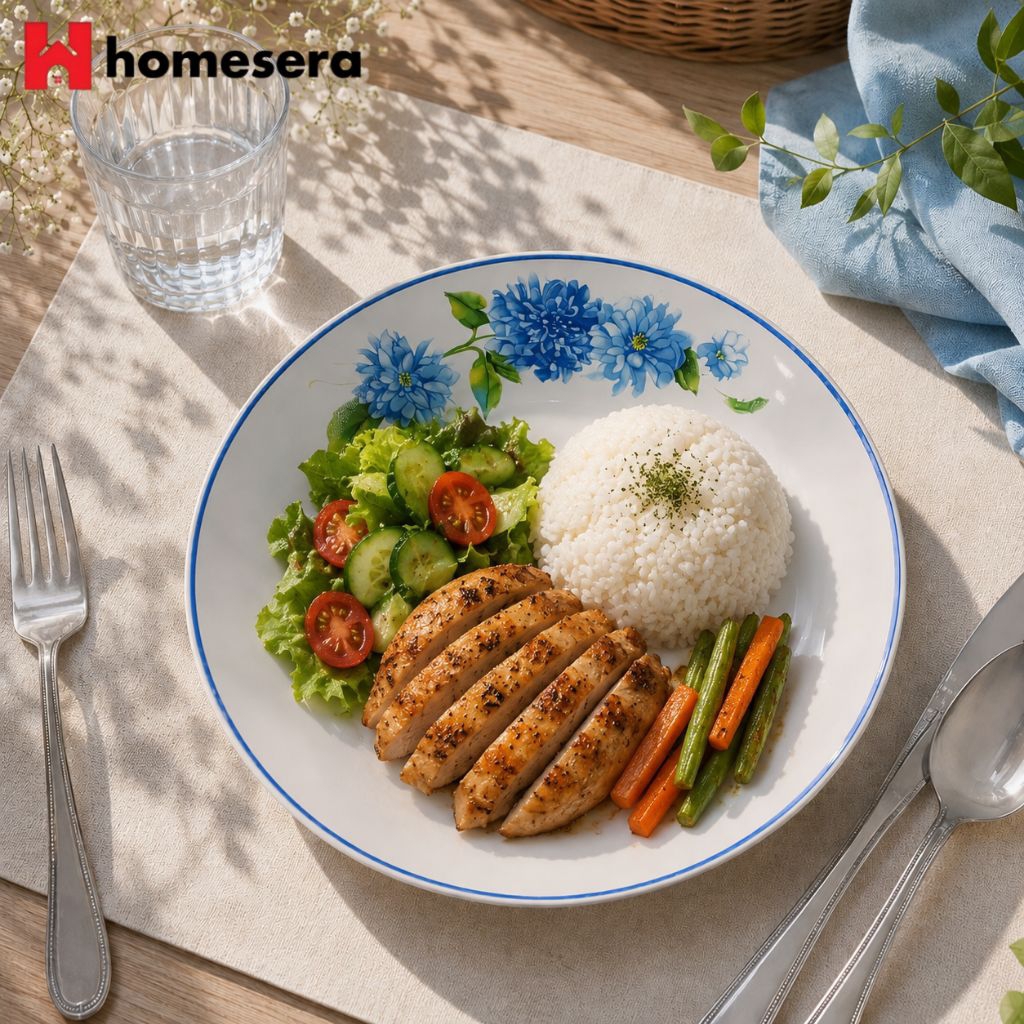Piring Keramik Makan 9 Inch Motif Bunga List Biru Elegan (6 bj) | Piring Cekung Keramik Estetik | Pe