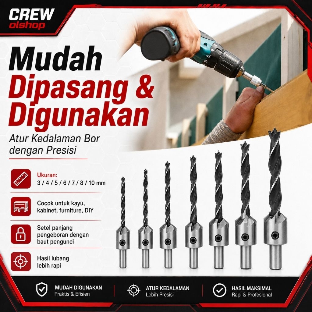Mata Bor Countersink Drill Bits Set Mata Bor Countersink Kayu Woodworking 7pcs
