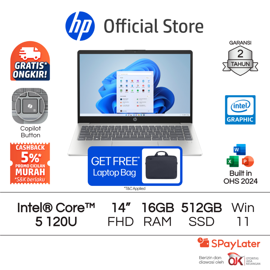 Laptop HP Intel Core i5 8GB / 16GB RAM 256GB / 512GB SSD Silver Windows 11 Home 14 Inch Gen 12 Garan