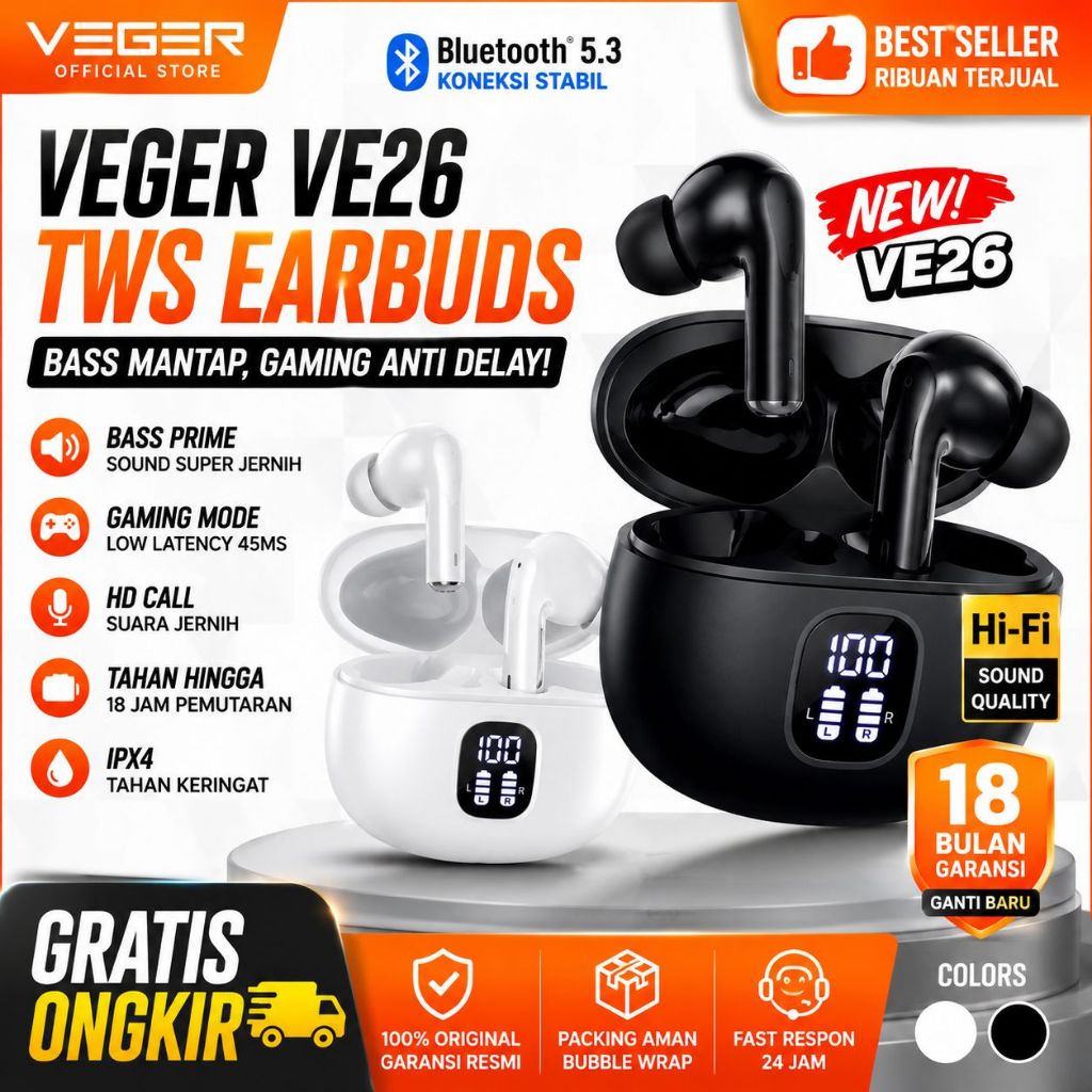 VEGER TWS VE26 Earphone Bluetooth Bass Gaming