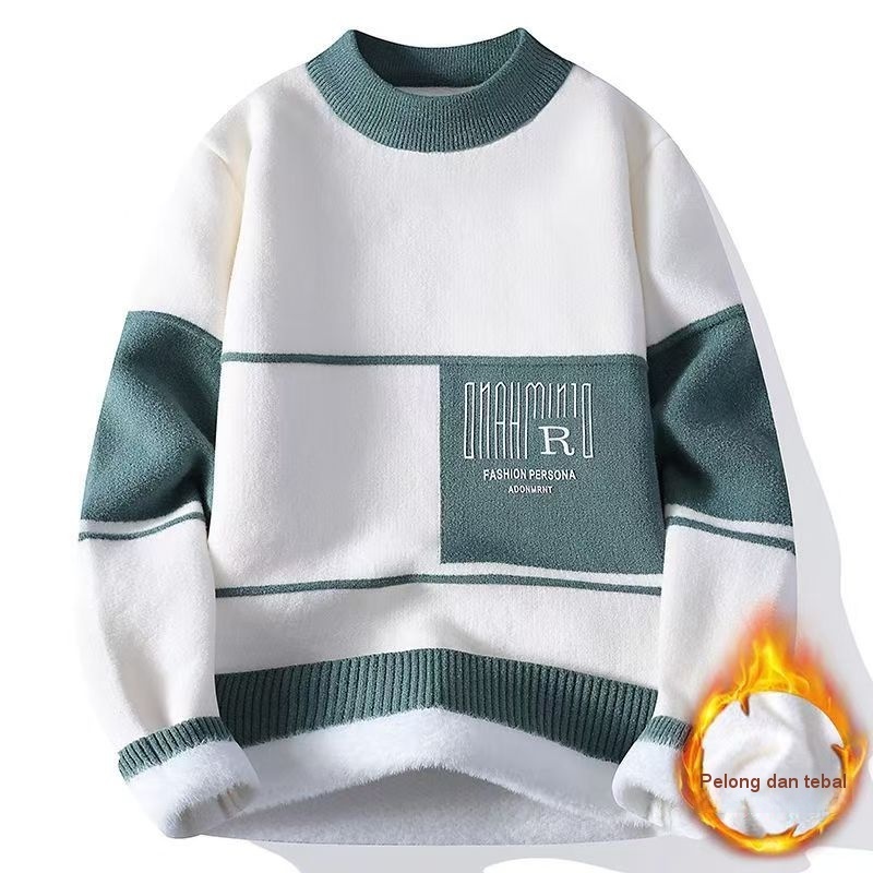 Sweter Tebal Setengah Turtleneck Jacquard Gaya Korea Fashion Pakaian Rajut Baru Pria