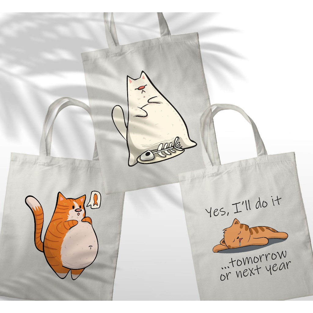 Totebag Mager Lazy Cat 30x40 Cm | Tas Tote Bag Premium Sekolah Kuliah kerja Gambar Tulisan Kata Kata