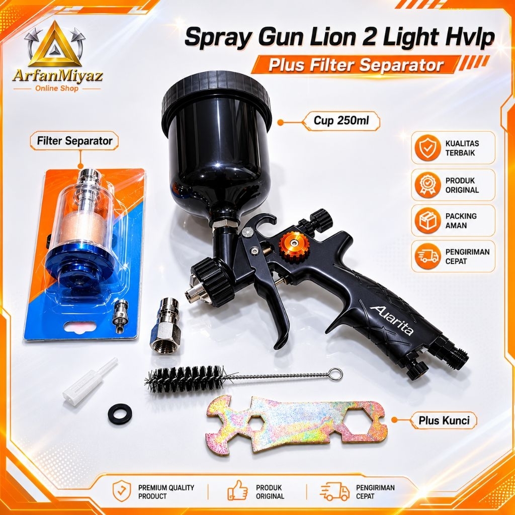 Alat Semprot Cat Auarita Lion 2 Light HVLP Plus Filter – Nozzle 0.8 / 1.0 mm – Untuk Mobil Motor