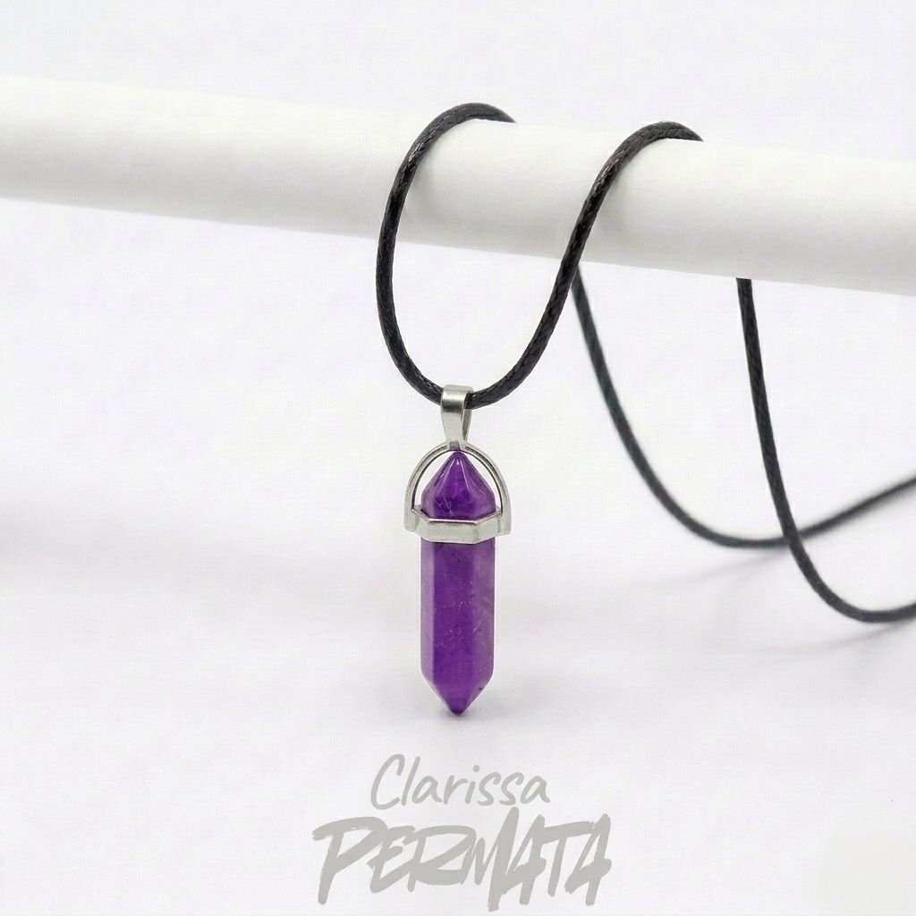 Kalung Liontin Batu Kecubung Ungu Pyramide / Kalung Kecubung Amethys Quartz Asli Natural Batu Tali K