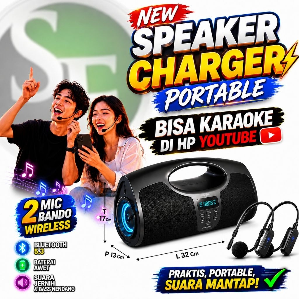 New Speaker Charger Portable Karaoke Bluetooth  + 2 Mic Bando Wireless Dusenberg