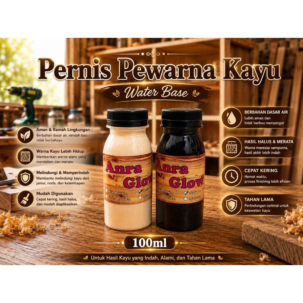 cat politur/plitur kayu water base 60ml & 100ml, pernis pewarna kayu