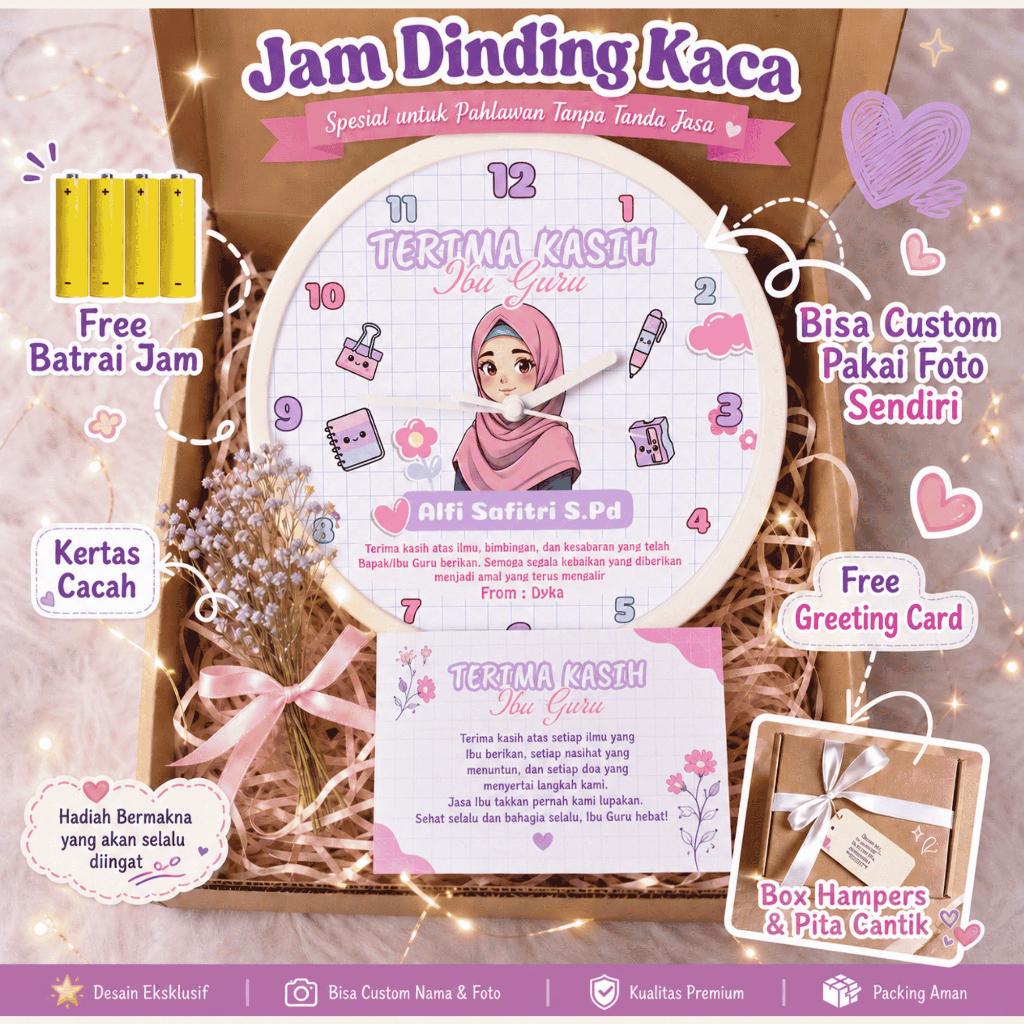 Kado Guru - Kado Hadiah Teachers Day Jam dinding Kaca Custom Nama Untuk Kenangan Hari Guru Hadiah Gu