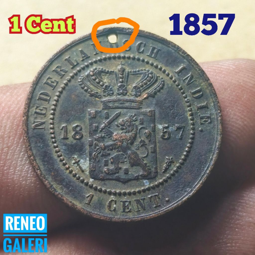 Jelek berlubang 1 Cent tahun 1857 koin kuno sen buntu Nederlandsch indie duit logam lama jaman Hindi