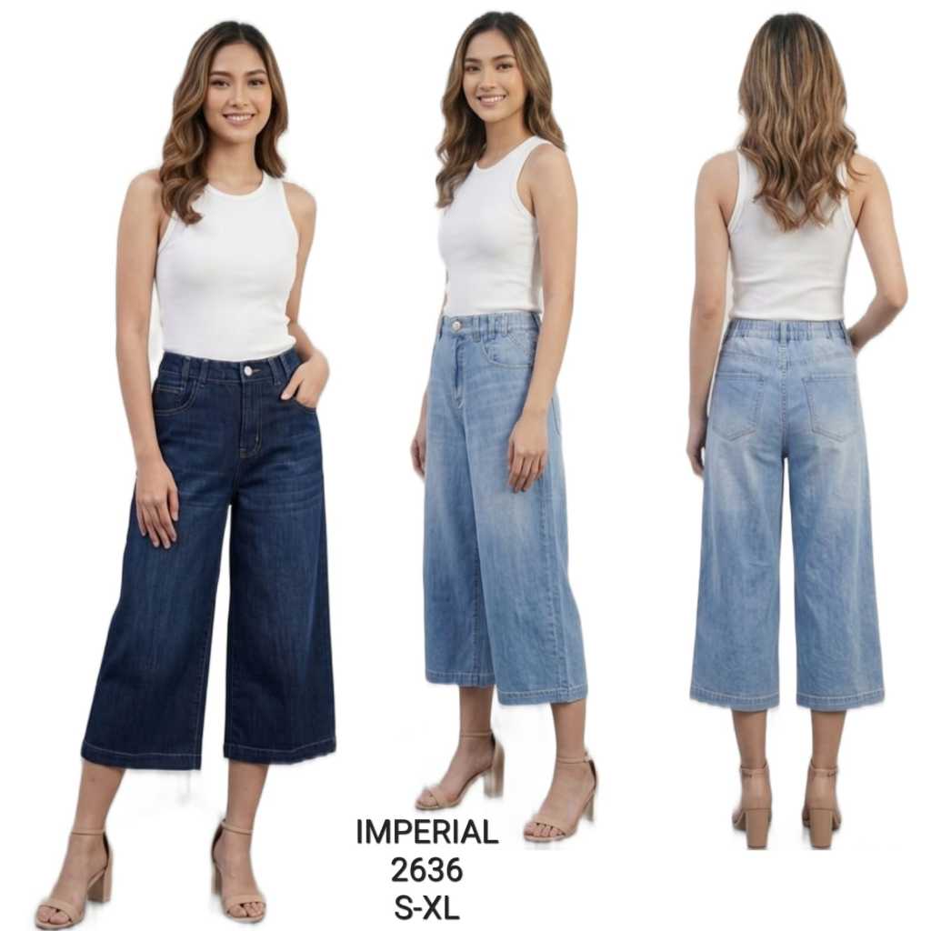 Celana 3/4 Wanita Model Kulot Jeans High Waist Wide Leg Denim Polos - IMPERIAL 2636 Biru, Navy