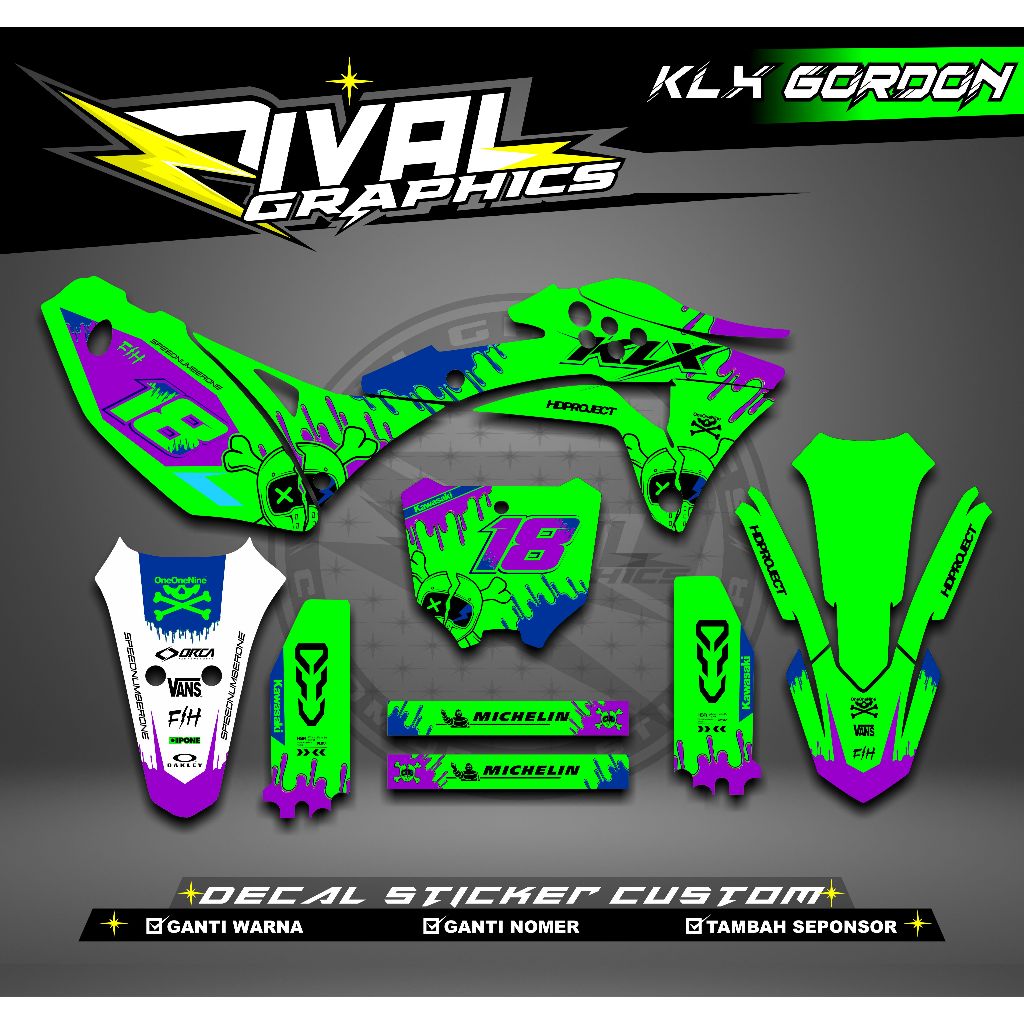DECAL KLX GORDON GTX KLX GORDON BISA CUSTOM DESAIGN NAMA, NOMOR, SPONSOR, WARNA (107)