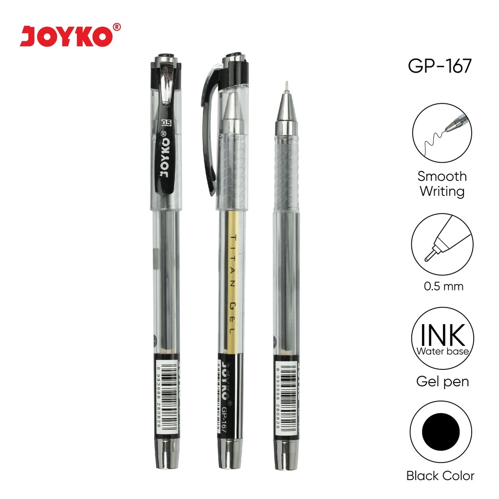 3 pack PULPEN JOYKO TITAN GEL GP-167 0.5mm isi 12 pcs/pack Tinta HITAM needle tip Ball point Pen Gel
