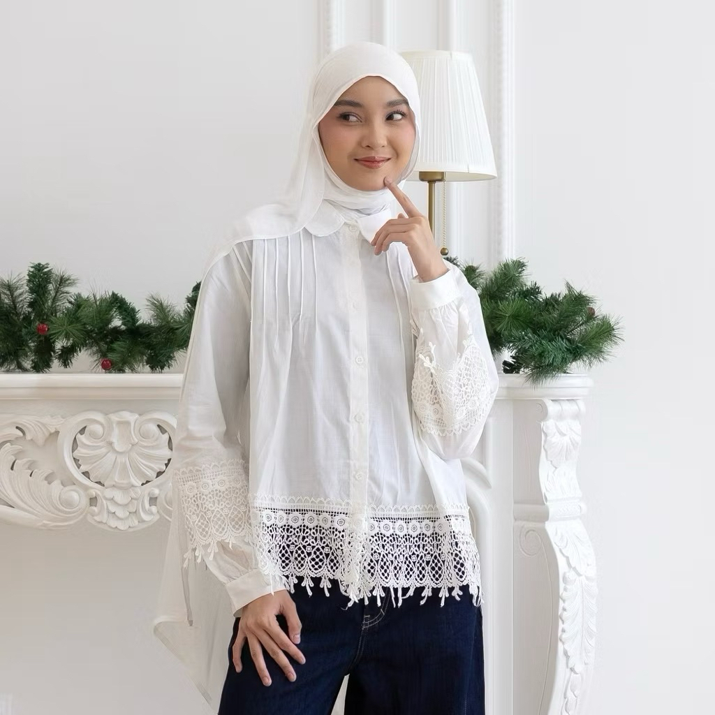 Top Blouse Wanita Brukat Couquette Katun Kemeja Lebaran Lengan Panjang