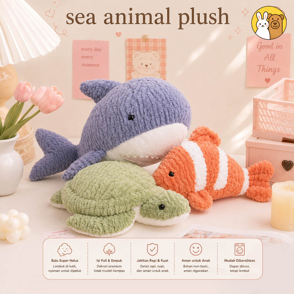 Boneka Ikan Nemo Penyu Hiu Baby Shark Kawaii Plush Toy Mainan Anak Karakter Turtle Badut Clown Fish 