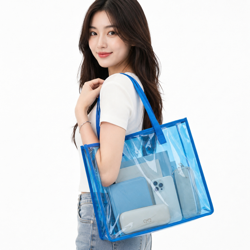 Tote Bag Mika Transparan Biru PVC Tebal – Tas Wanita Aesthetic Polos Custom Logo Ukuran Besar 39x30 