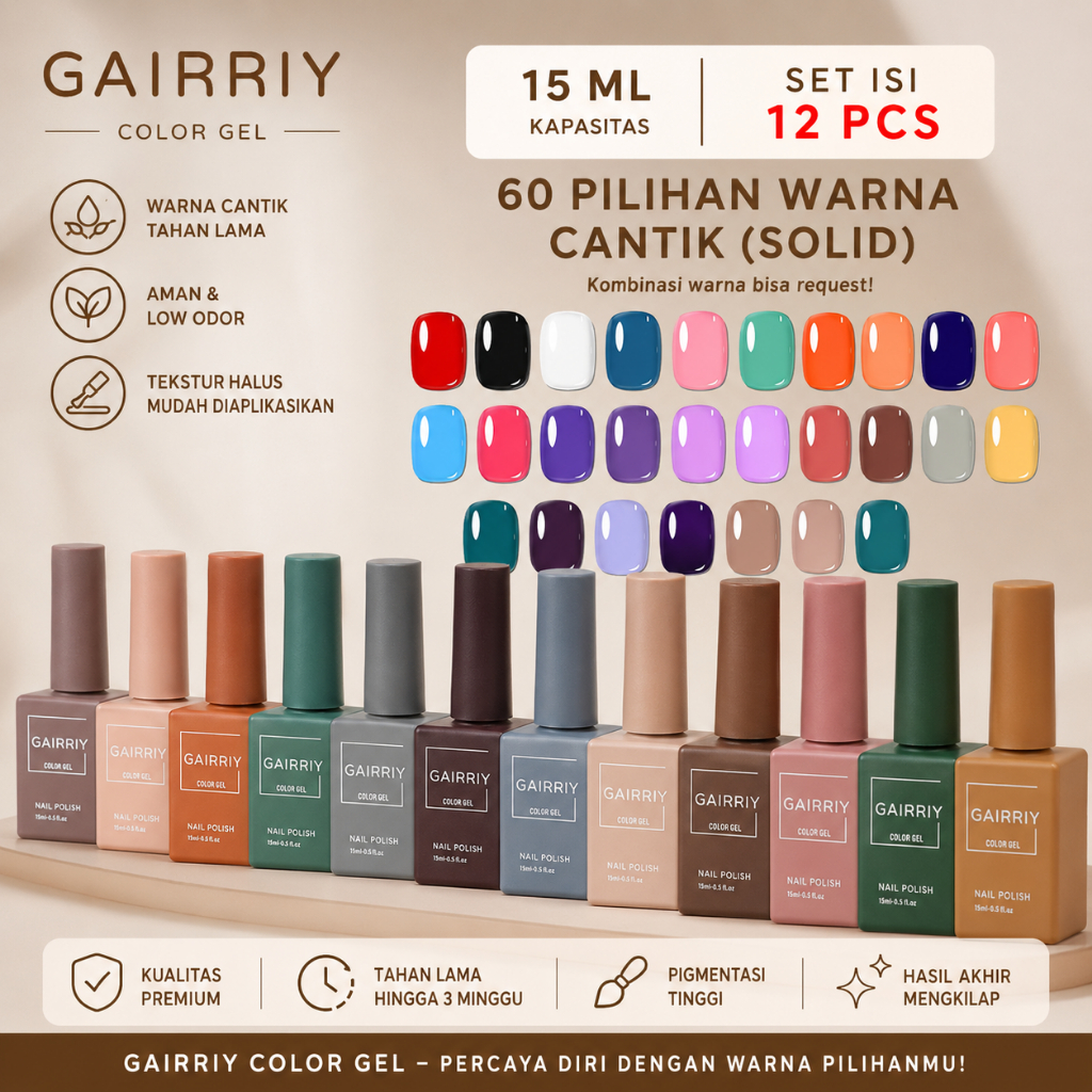 Glowphoria - [SET 12 PCS] GAIRRIY Nail Polish Gel UV 15ML High Pigment Cat Kuku Gel, Bisa Request Wa