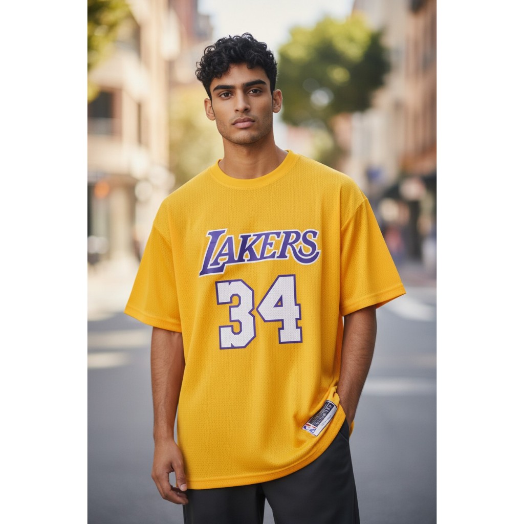 JERSEY BASKET BERLENGAN PREMIUM IMPORT SLEEVE LAKERS 34 SHAQUILLE O'NEAL KUNING M N