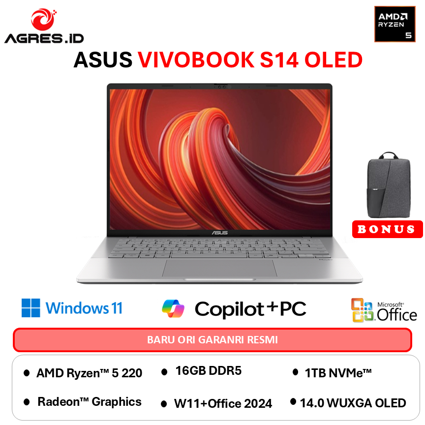 Asus Vivobook S14 Oled M3407HA AMD Ryzen 5 220 - RAM 16GB 1TB W11+OHS 14.0WUXGA - OLED5112M