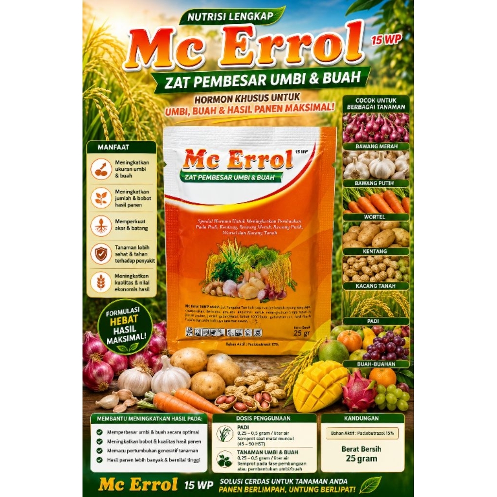 Mc Errol 15 WP 25 gram - Paclobutrazol 15% untuk Meningkatkan Pembuahan Tanaman, Memperbesar Umbi da