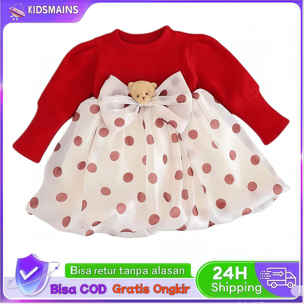KIDSMAINS Dress setelan Merah Putih baju pesta anak perempuan Casual Style gaun lucu rok usia 1-5 th