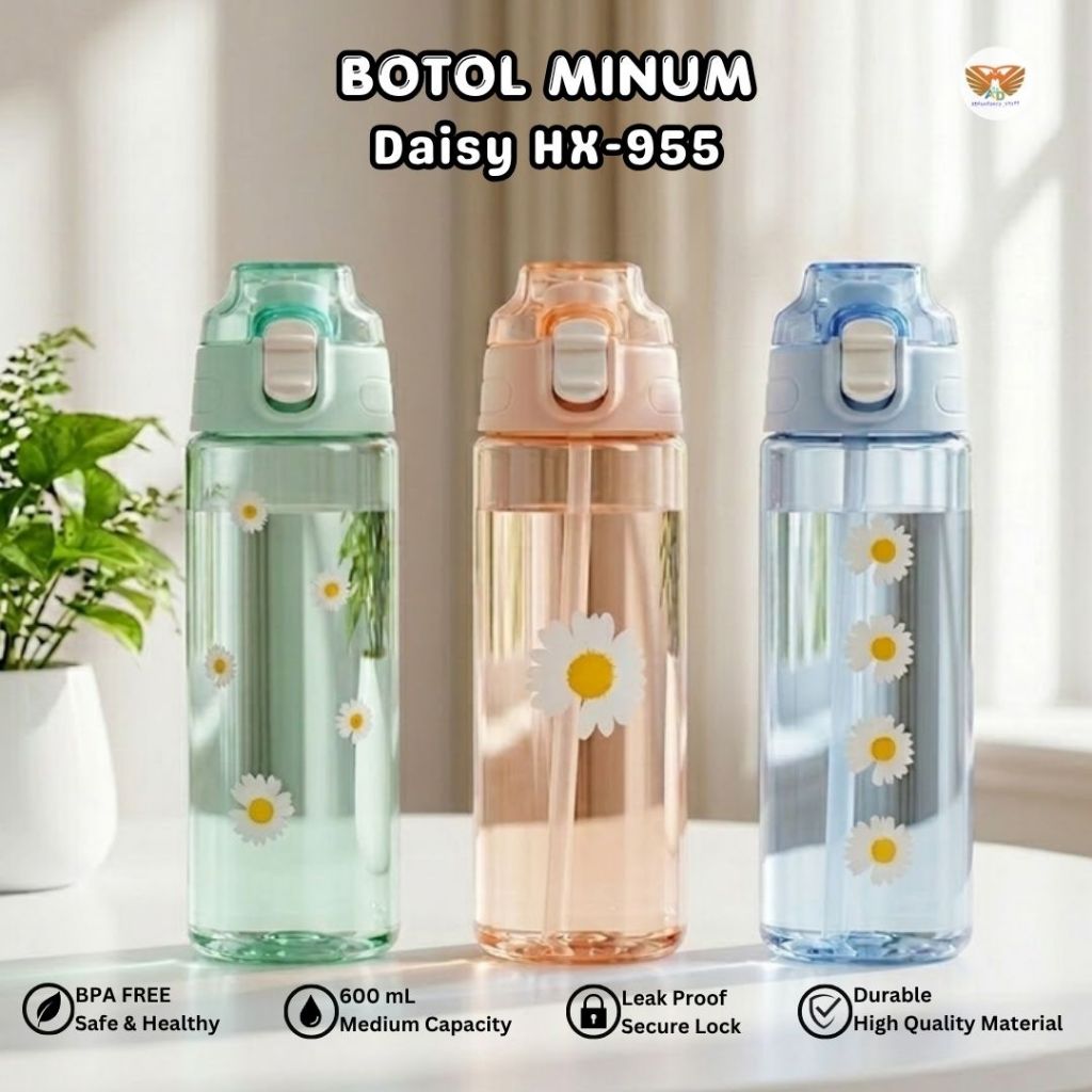 BOTOL FLIP COVER BUNGA DAISY TRANSPARANT MINUM PLASTIK 600ml HX-955