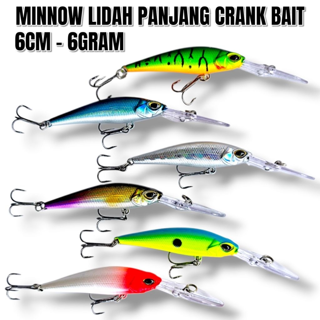 UMPAN MINNOW LIDAH PANJANG CRANK BAIT UKURAN 6CM. 6GRAM. UMPAN CASTING HAMPALA. UMPAN CASTING AIR TA