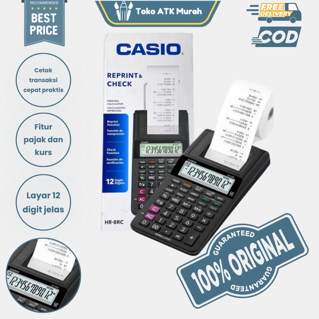 Calculator Casio HR-8RC - Kalkulator Printing Mini | Kalkulator Cetak Struk Original