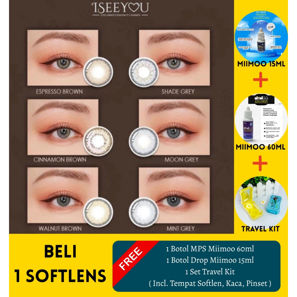 Bundling Softlens I See You Minus ( -0.50 sd -2.75 ) + MPS Miimoo 60ml + Drops miimoo 15ml + Travel 