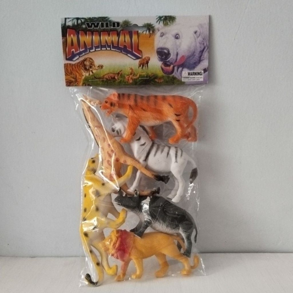 Mainan Wild Animal isi 6pc Miniatur karet hewan Harimau, Jerapah, Zebra, Macan, Badak dan Singa