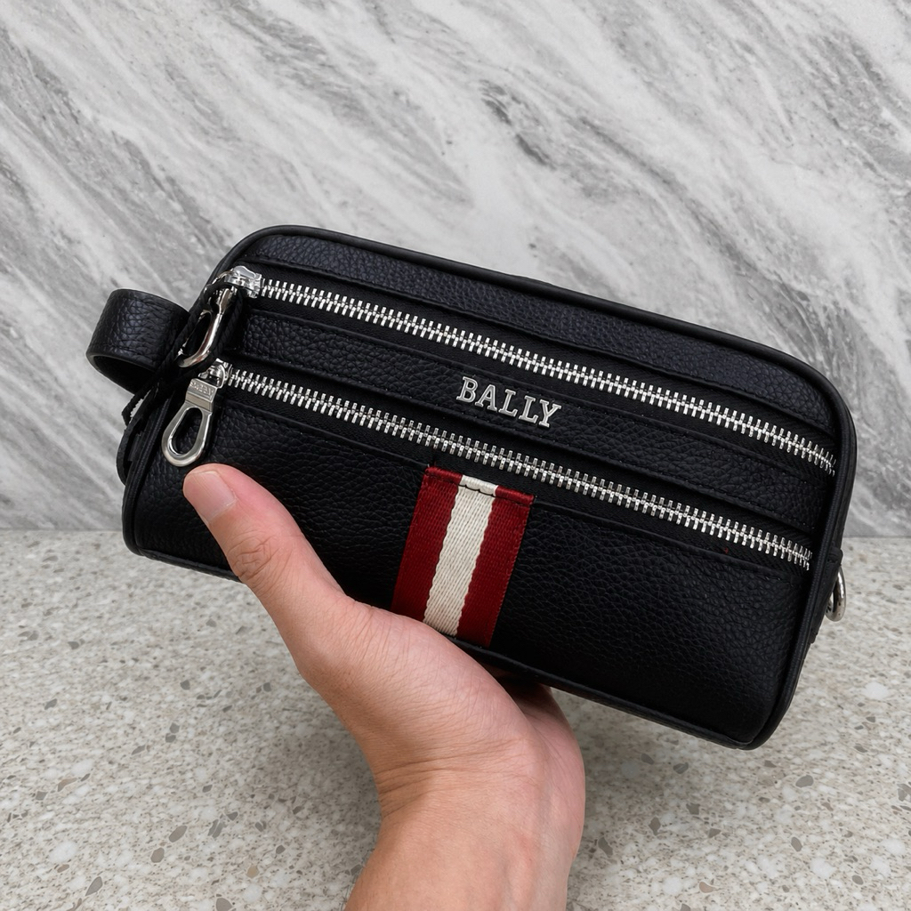POUCH PRIA KULIT PREMIUM DOUBLE ZIPPER TAS CLUTCH BALLY TOILETRIES BAG MODEL FORMAL ELEGAN