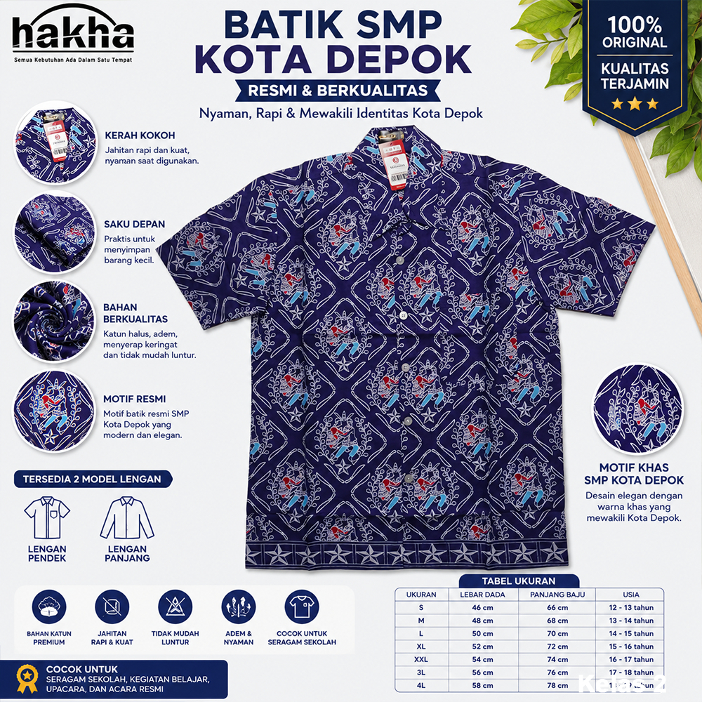 Batik SMP Kota Depok Resmi Lengan Pendek & Panjang | Seragam Sekolah SMP | Ukuran S–4L
