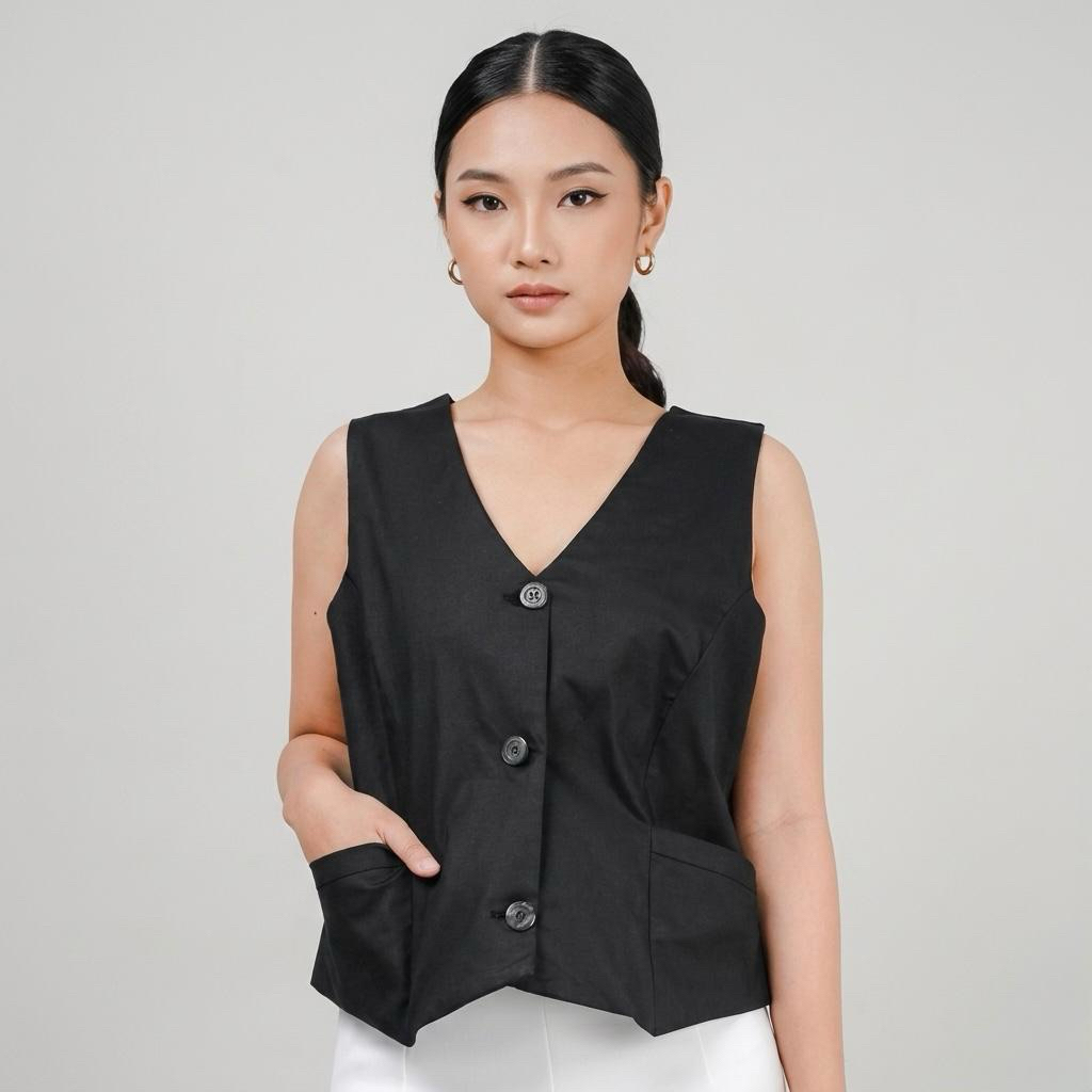 Atasan Katun Rompi Wanita Hitam Tanpa Lengan Outer