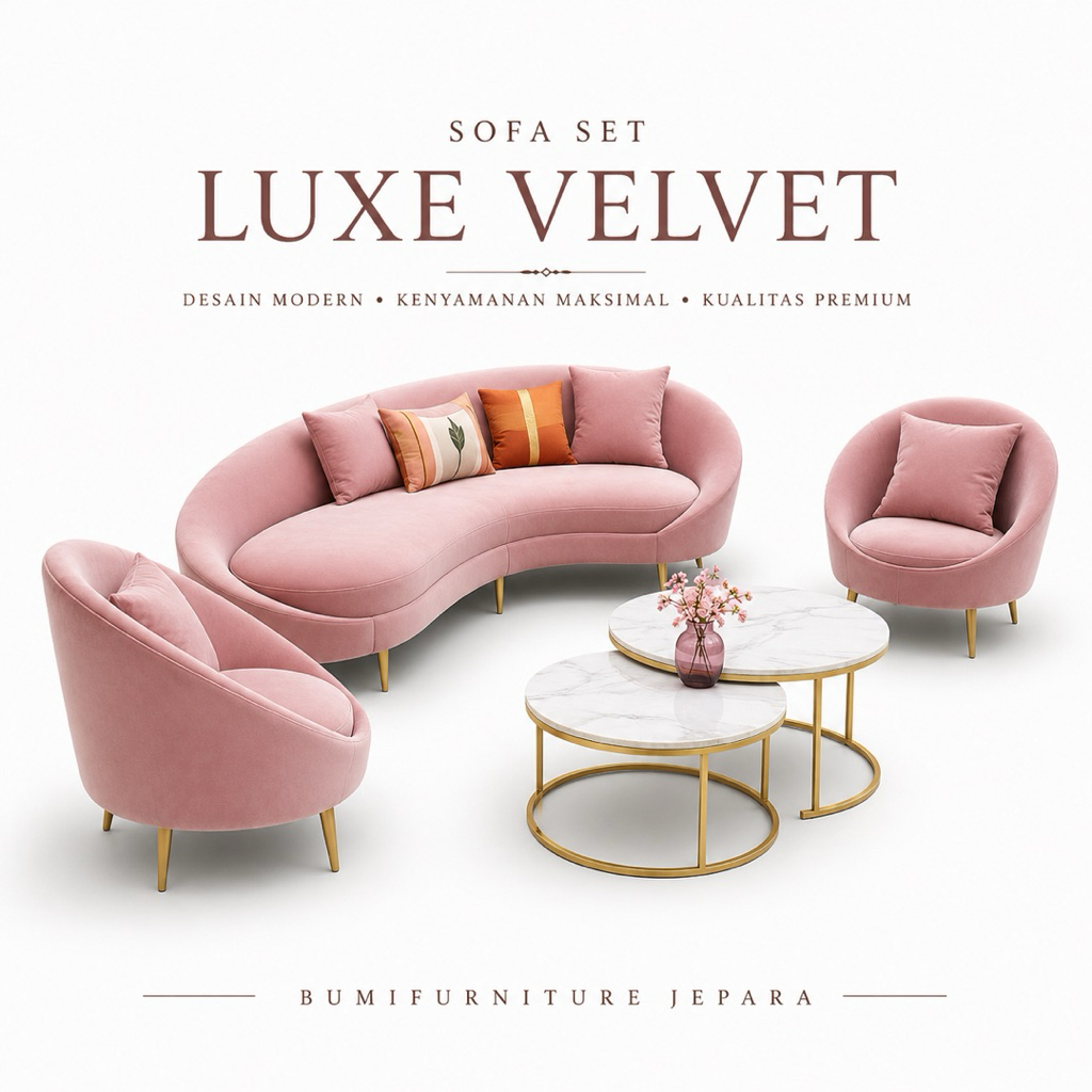 Sofa Tamu Minimalis Modern Pink Lengkung | Sofa Scandinavian Mewah Ruang Tamu