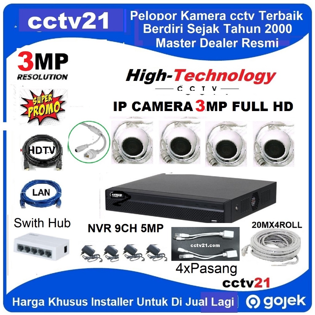 Promo /Paket Lengkap 4 IP Camera indoor 3MP High Tech  NVR  4CH 5MP Kabel 80M Harga Promo cctv21